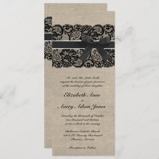 Black Lace en Burlap Wedding Invitation Vertical Kaart (Voorkant / Achterkant)