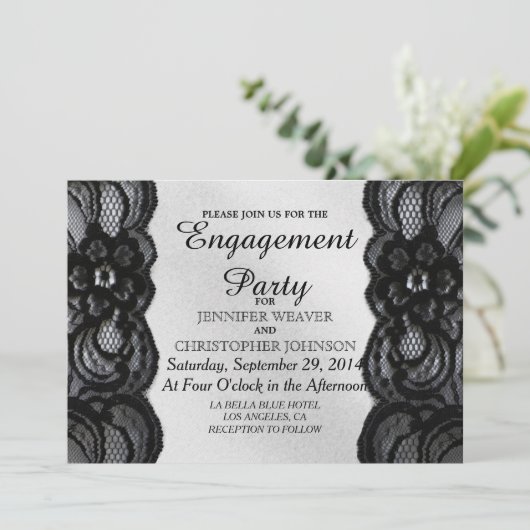 Black Lace en Satin Engagement Party Kaart (Staand voorkant)