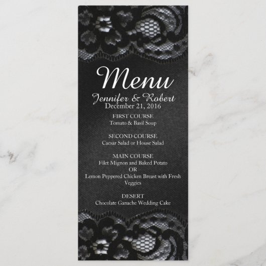Black Lace en Satin Wedding Menu Card (Voorkant)