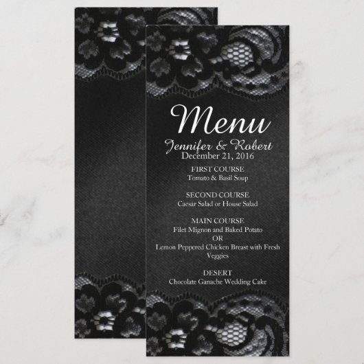 Black Lace en Satin Wedding Menu Card (Voorkant / Achterkant)