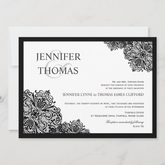 Black Lace Formal White Wedding Invitations Kaart (Voorkant)