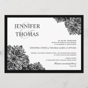 Black Lace Formal White Wedding Invitations Kaart