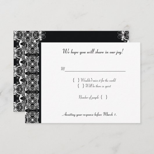 Black Lace Invite-reactiekaart RSVP Kaartje (Voorkant / Achterkant)