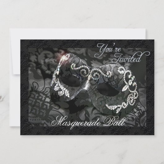 Black Lace Mask Jeweled Masquerade Ball Invitation Kaart (Voorkant)