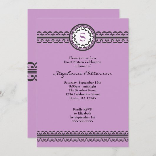 Black Lace Paars Monogram Sweet 16 Uitnodiging (Voorkant / Achterkant)