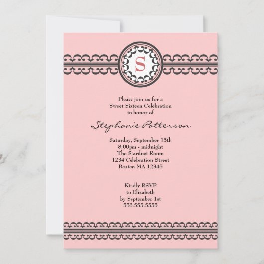 Black Lace Pink Monogram Sweet 16 Uitnodiging (Voorkant)