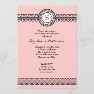 Black Lace Pink Monogram Sweet 16 Uitnodiging