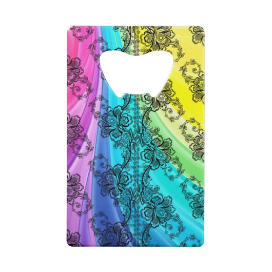 Black Lace Swirling Pastel Rainbow Creditkaart Flessenopener (Voorkant)