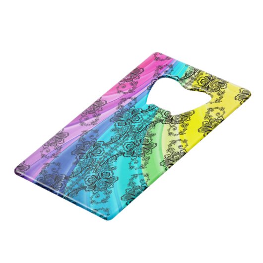 Black Lace Swirling Pastel Rainbow Creditkaart Flessenopener (Voorkant Gekanteld)