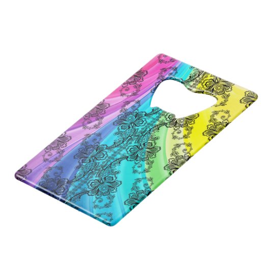 Black Lace Swirling Pastel Rainbow Creditkaart Flessenopener (Achterkant Gekanteld)