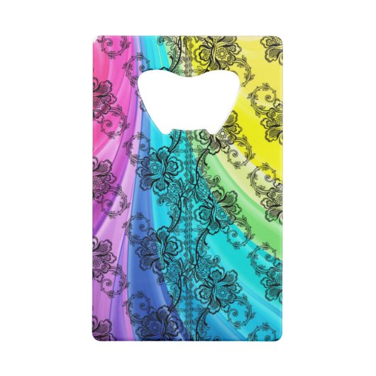 Black Lace Swirling Pastel Rainbow Creditkaart Flessenopener (Achterkant)