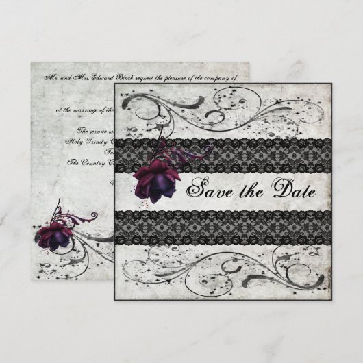 Black Lace Wedding Save the Date (Voorkant / Achterkant)