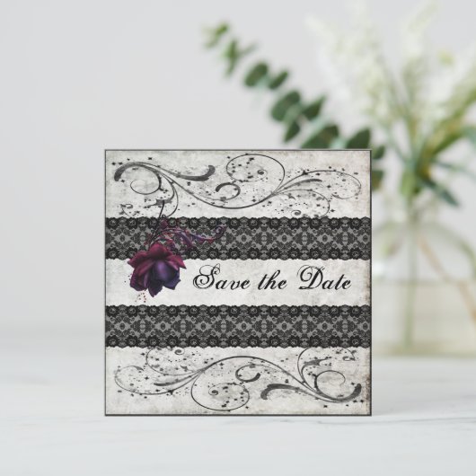 Black Lace Wedding Save the Date (Staand voorkant)