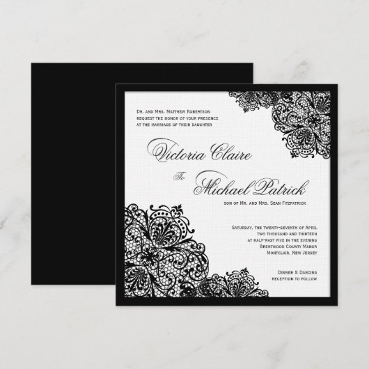 Black Lace White Linen Square Wedding Invitations Kaart (Voorkant / Achterkant)