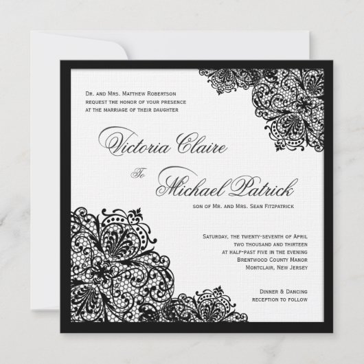Black Lace White Linen Square Wedding Invitations Kaart (Voorkant)