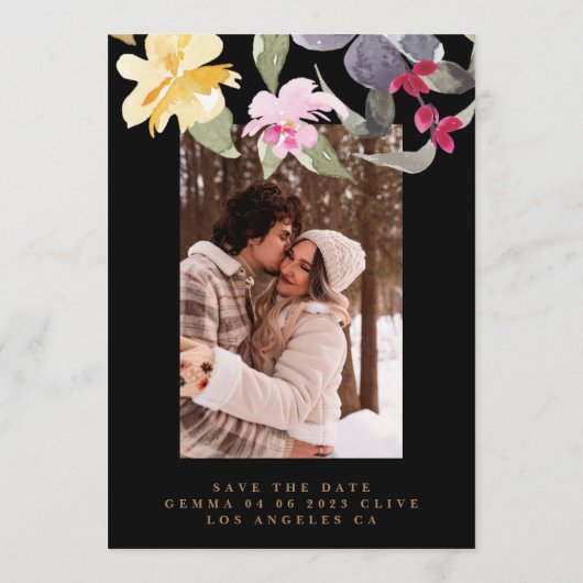 Black Large Floral Lijst Waterverf Wedding Foto Save The Date (Achterkant)