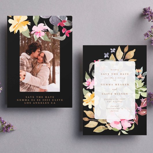 Black Large Floral Lijst Waterverf Wedding Foto Save The Date