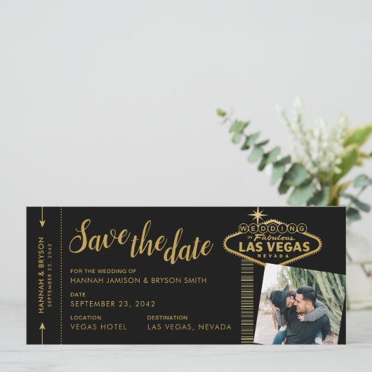 Black Las Vegas Boarding Pass Photo Save the Date Aankondiging (Staand voorkant)