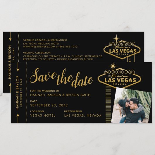 Black Las Vegas Boarding Pass Photo Save the Date Aankondiging (Voorkant / Achterkant)
