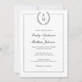 Black Laurel Monogram Wedding Invitation QR Code Kaart (Voorkant)