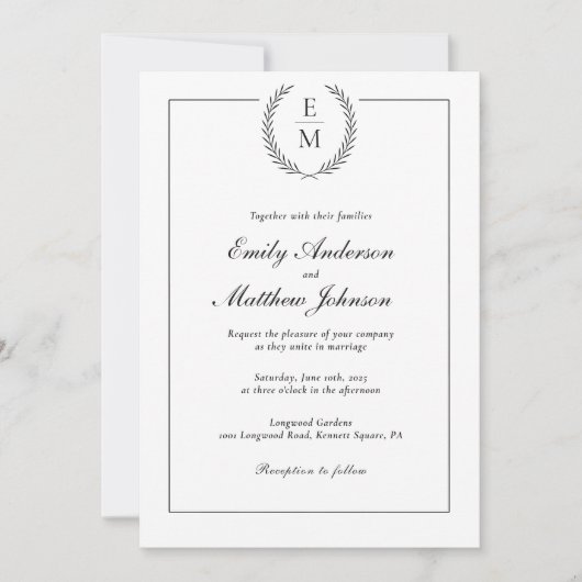 Black Laurel Monogram Wedding Invitation QR Code Kaart (Voorkant)