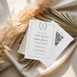 Black Laurel Monogram Wedding Invitation QR Code Kaart