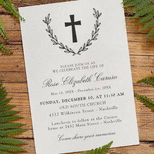 Black Laurel Wreath Cross Celebration of Life Kaart