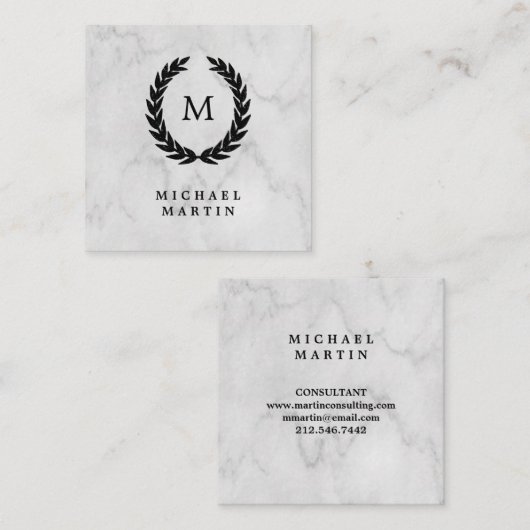 Black Laurel Wreath met Monogram op Marble Kijk Vierkante Visitekaartje (Voorkant / Achterkant)