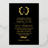 Black Laurel Wreath Monogram Typografie Bruiloft Folie Uitnodiging (Voorkant)
