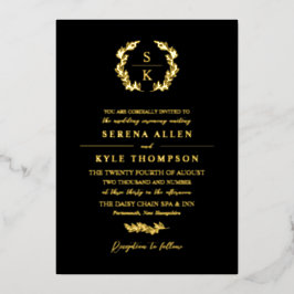 Black Laurel Wreath Monogram Typografie Bruiloft Folie Uitnodiging