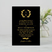 Black Laurel Wreath Monogram Typografie Bruiloft Folie Uitnodiging (Staand Voorkant)