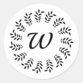 Black laurel wreath monogrammed ronde sticker (Voorkant)