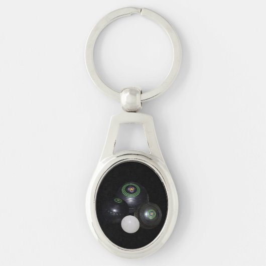 Black Lawn Bowls en Kat Oval Metal Keyring Sleutelhanger (Voorkant)