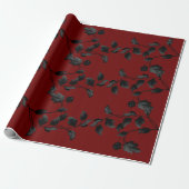 Black Leaf Floral Vine Pattern op Crimson Red Cadeaupapier (Uitgerold)