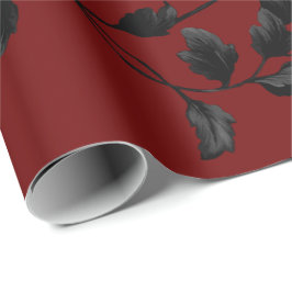 Black Leaf Floral Vine Pattern op Crimson Red Cadeaupapier