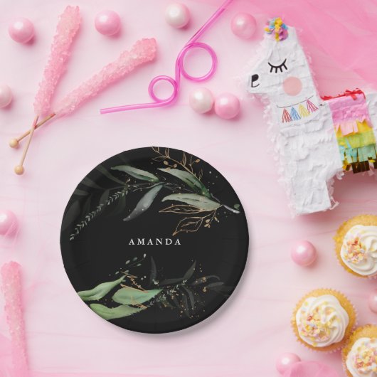 Black Leafy Botanical Eucalyptus Modern Branch Papieren Bordje (Feest)