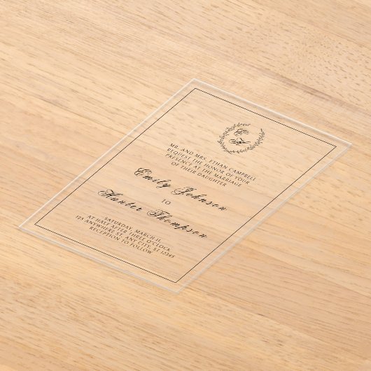 Black Leafy Crest Monogram Huwelijk Acryl Uitnodigingen (Laagn)