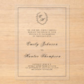 Black Leafy Crest Monogram Huwelijk Acryl Uitnodigingen (Voorkant)