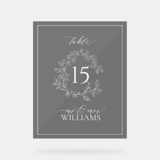 Black Leafy Crest Monogram Trouwtafel Nummer Acryl Bord (Voorkant)