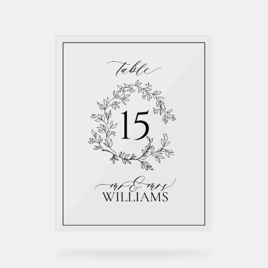 Black Leafy Crest Monogram Trouwtafel Nummer Acryl Bord (Voorkant)