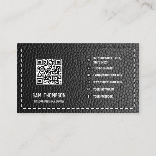 Black Leather Business QR Code Social Media Icons Visitekaartje (Voorkant)