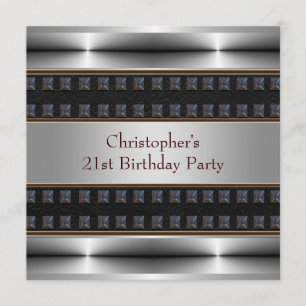 Black Leather Chrome Mans 21st Birthday Party Kaart