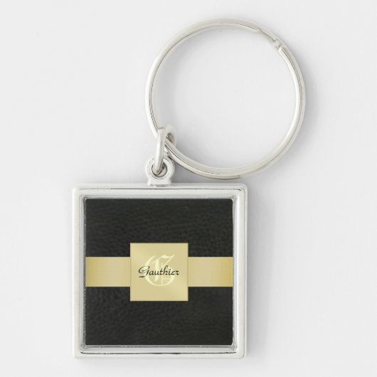 Black Leather Gold Monogram Vaderdag Sleutelhanger (Voorkant)