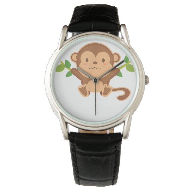Black Leather Round Watch for Fan Monkey Horloge (Voorkant)
