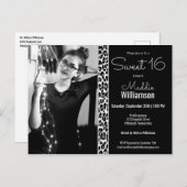 Black Leopard Glitter Foto Sweet 16 Uitnodiging (Voorkant / Achterkant)