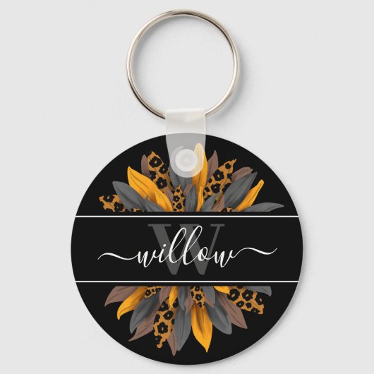 Black Leopard Spots Sunflower Naam Monogram Sleutelhanger (Voorkant)
