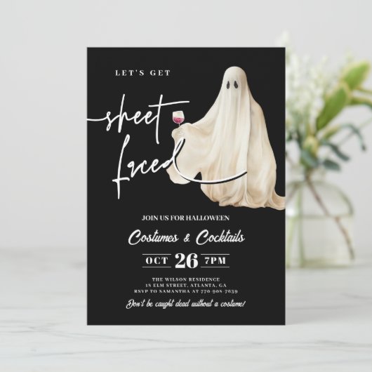 Black Let's Get Sheet Faced Grappige Halloween Kaart (Staand voorkant)