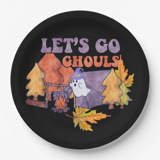 Black Let's Go Ghouls Herfst Pumpkin Halloween Papieren Bordje (Voorkant)