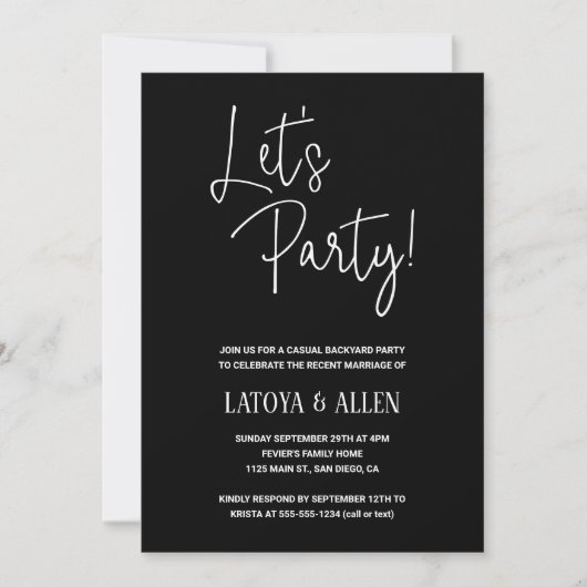 Black Let's Party Casual Wedding Reception Eloped Kaart (Voorkant)