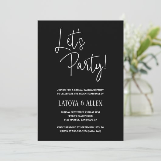 Black Let's Party Casual Wedding Reception Eloped Kaart (Staand voorkant)